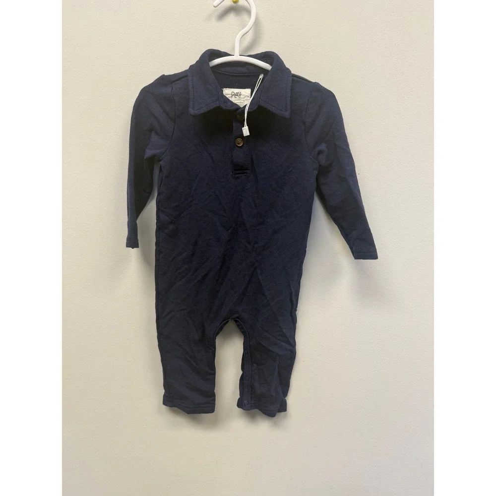 Play by Little Sleepies Navy Blue Polo Romper 3-6 Months Long Sleeve Bamboo